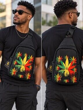 Rocawear Black Crossbody Bag with Red, Yellow, Green Leaf Graphic